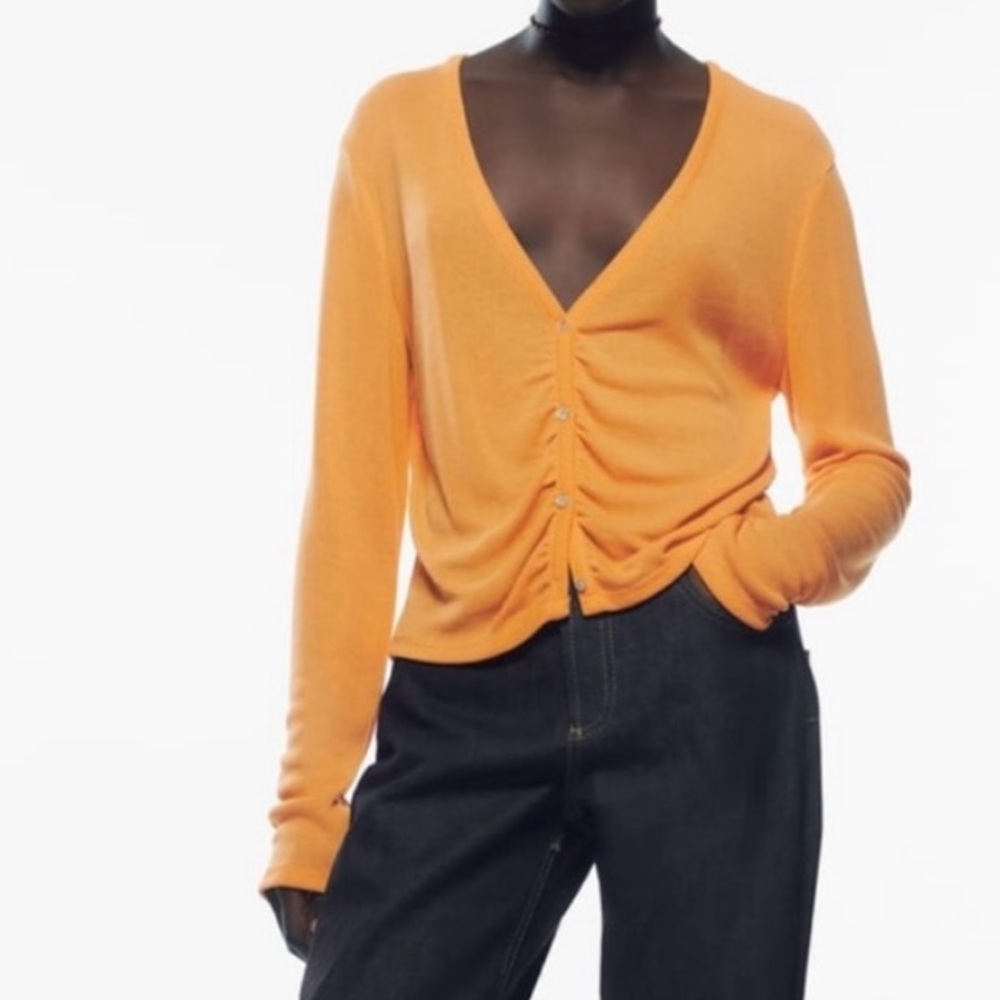 Zara Light Knit Ruched Front Long Sleeve Buttoned Cardigan Sweater
Orange- M